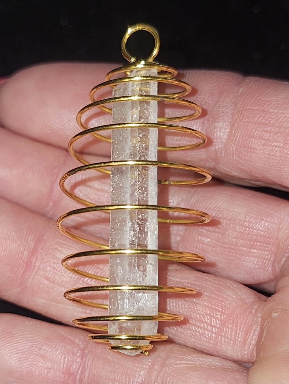 Gold Spiral Cage Pendant with Clear Quartz